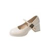 2025 Spring New High-heeled Women's Shoes British Style Buckle Small Leather Shoes Thick Heel Round Head Casual Mary Jane Shoes Women
