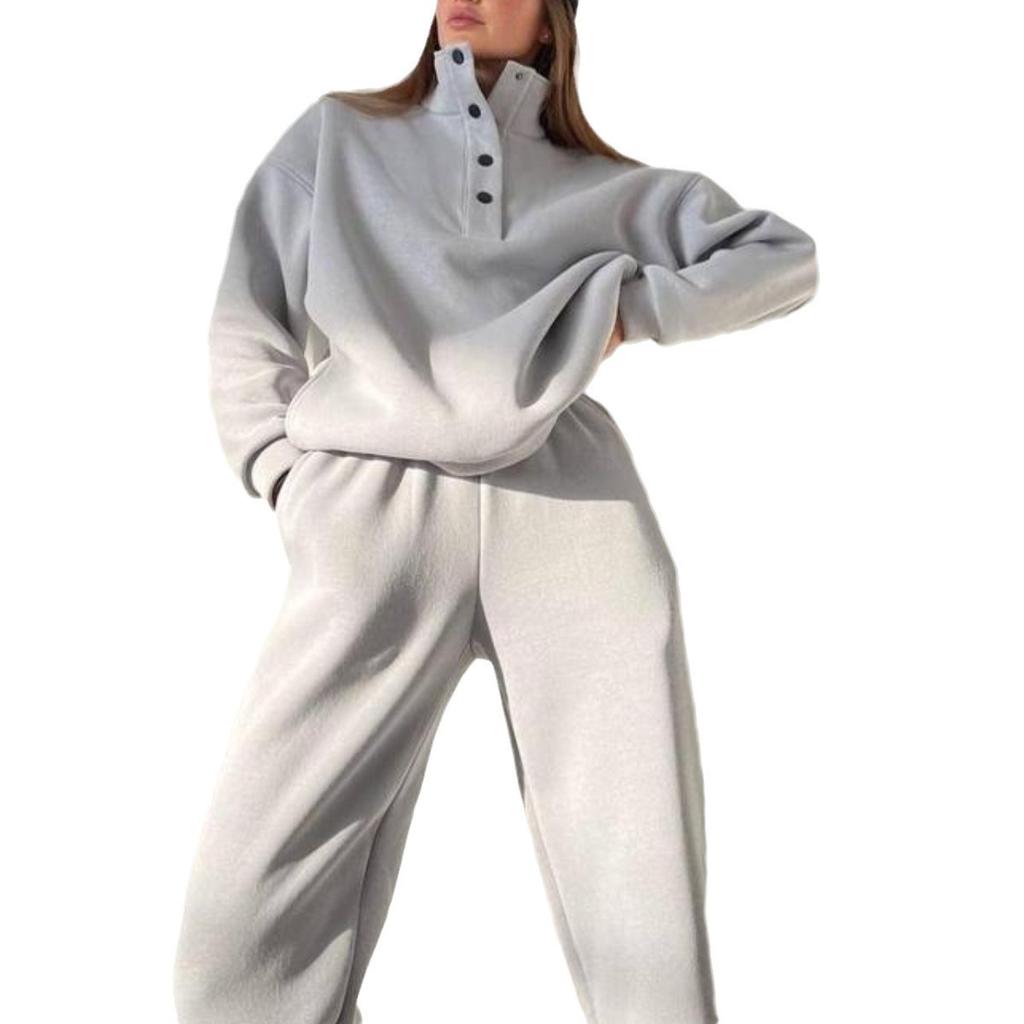 Spring and Autumn Women's Fashion Button Up Collar Hoodie Loose Pants, Hoodie Set