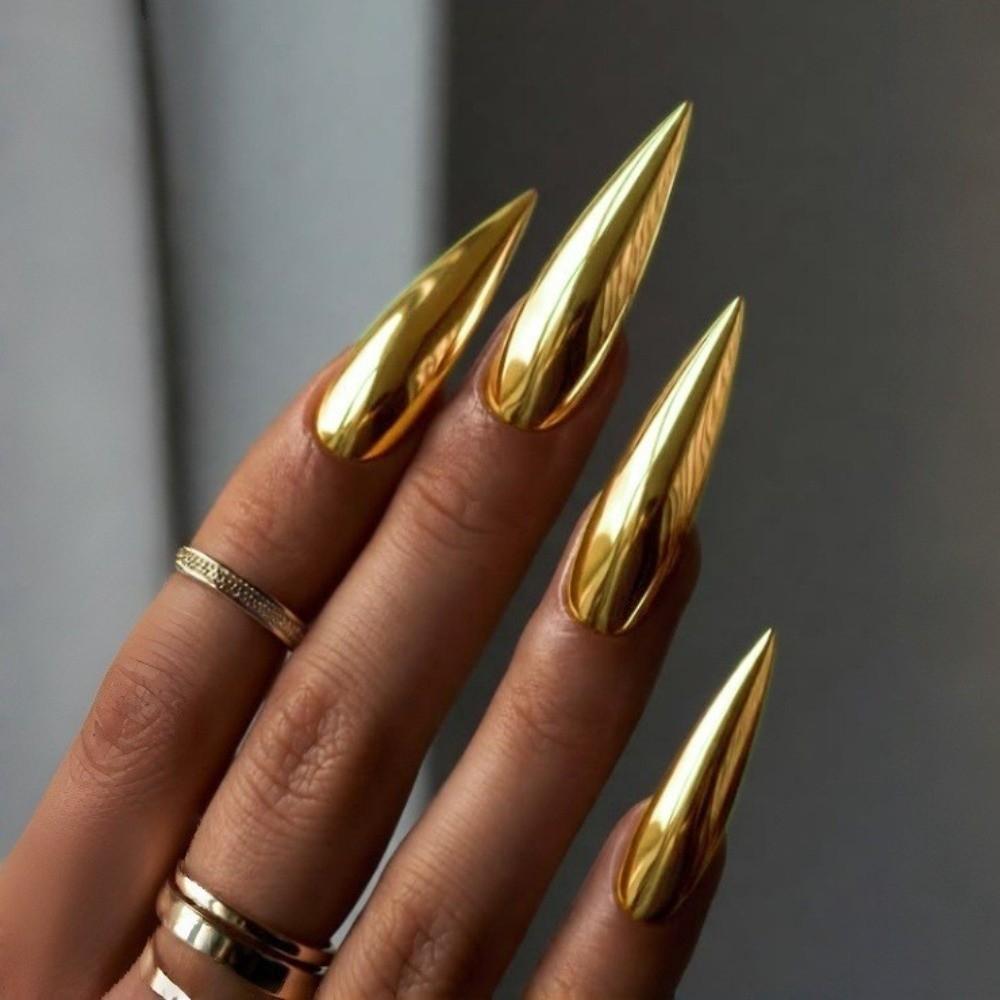 Gold Long Almond Fake Nails Finished Mirror Surface False Nails Detachable Press on Nails Nail Art