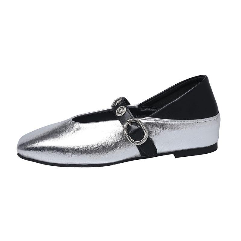 Silver single shoes women's spring new square head light mouth patent leather retro fashion soft surface flat shoes women
