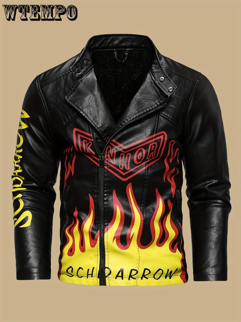Men's Skull & Flames Print PU Leather Jacket - Street Style Cool Handsome Motorcycle Riding Jacket - PU Leather - for Men