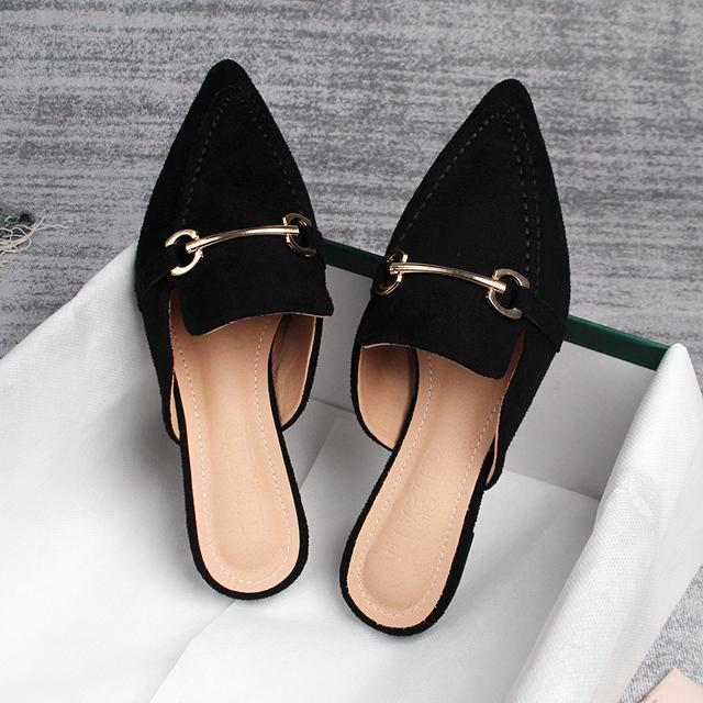 Spring  New Women 'S Mules Pointed Slippers Outdoors Muller Fashion Metal Design Office Casual Shoes Large Size 41 -43