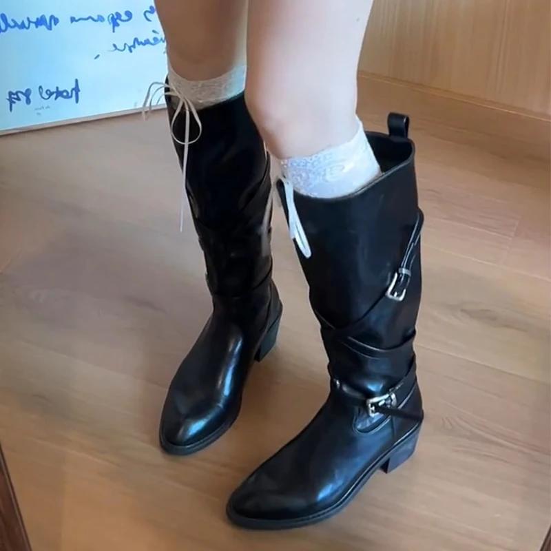 Long Boots Women's Autumn and Winter New Style Retro Thick Heel Knight Boots Fashionable Wide Cross Buckle Pointed High Boots