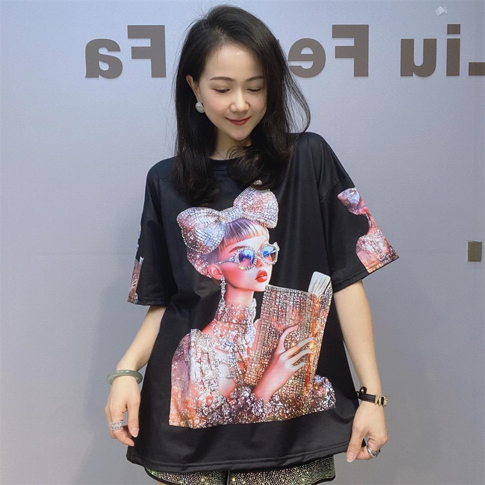 

Cartoon Printed Short Sleeve T-Shirt for Women Summer Clothing Fashion Diamonds Thin O Collar Pullovers Wear one size