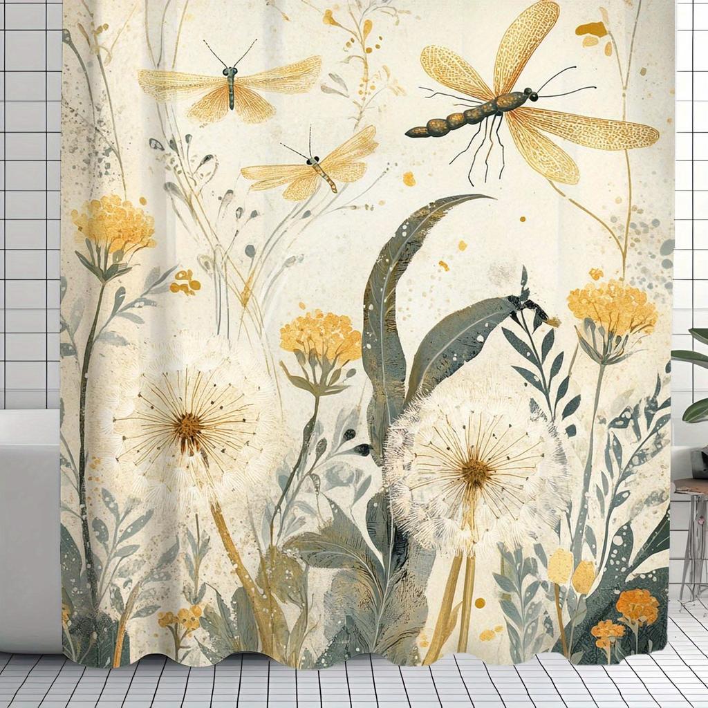 Elegant Greenery & Dragonfly Shower Curtain - Waterproof Polyester, 12 Grommets, Machine Washable, Ideal for Bathroom