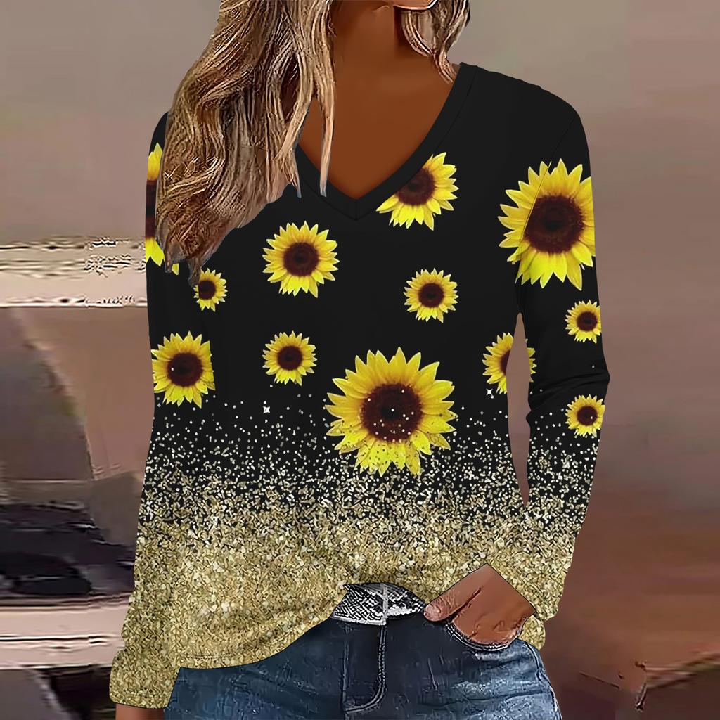 Übergröße Europäische und Amerikanische Mode 2025 Damen Elegantes V-Ausschnitt Langarm T-Shirt