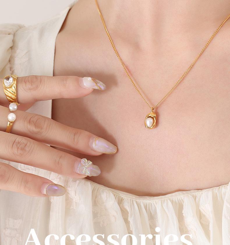 Gold-Plated Titanium Steel Cuban Chain Necklace with Freshwater Pearl Irregular Pendant.