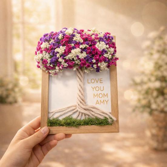 Dřevěný DIY fotorámeček s umělým kyticí gypsophily pro obývací pokoj, ložnici, kancelář, domácí dekoraci stolu, dárky ke Dni matek pro maminku, ženy