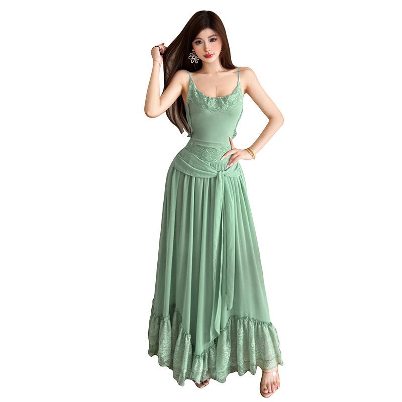 European and American style summer new women's clothing lace splicing suspender waist ruffle edge skirt long dress dress