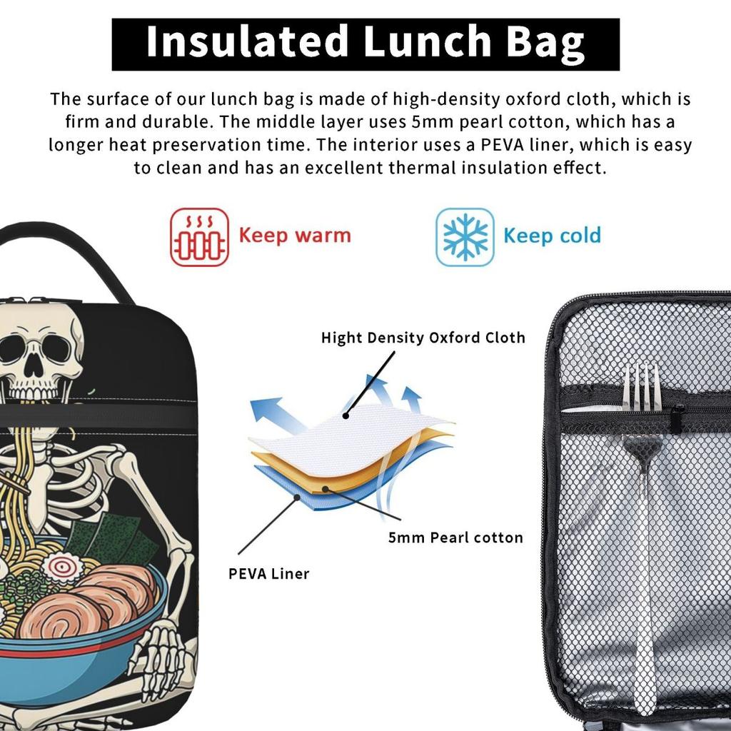 Cartoon Skeleton Eating Ramen Food Halloween Insulated Lunch Bag for Women Children Leakproof Food Boxes Thermal Lunch Box Tote