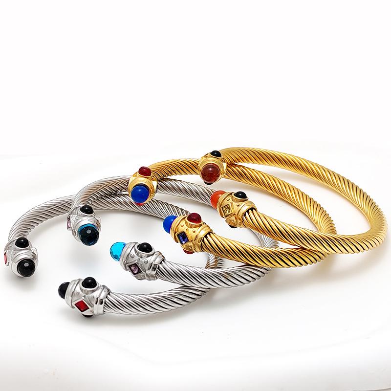 Stylish European-American 18K Gold Stainless Steel Wire Bracelet for Women, Geometric Open Design, Inlaid with Colored Diamonds, Colorfast.