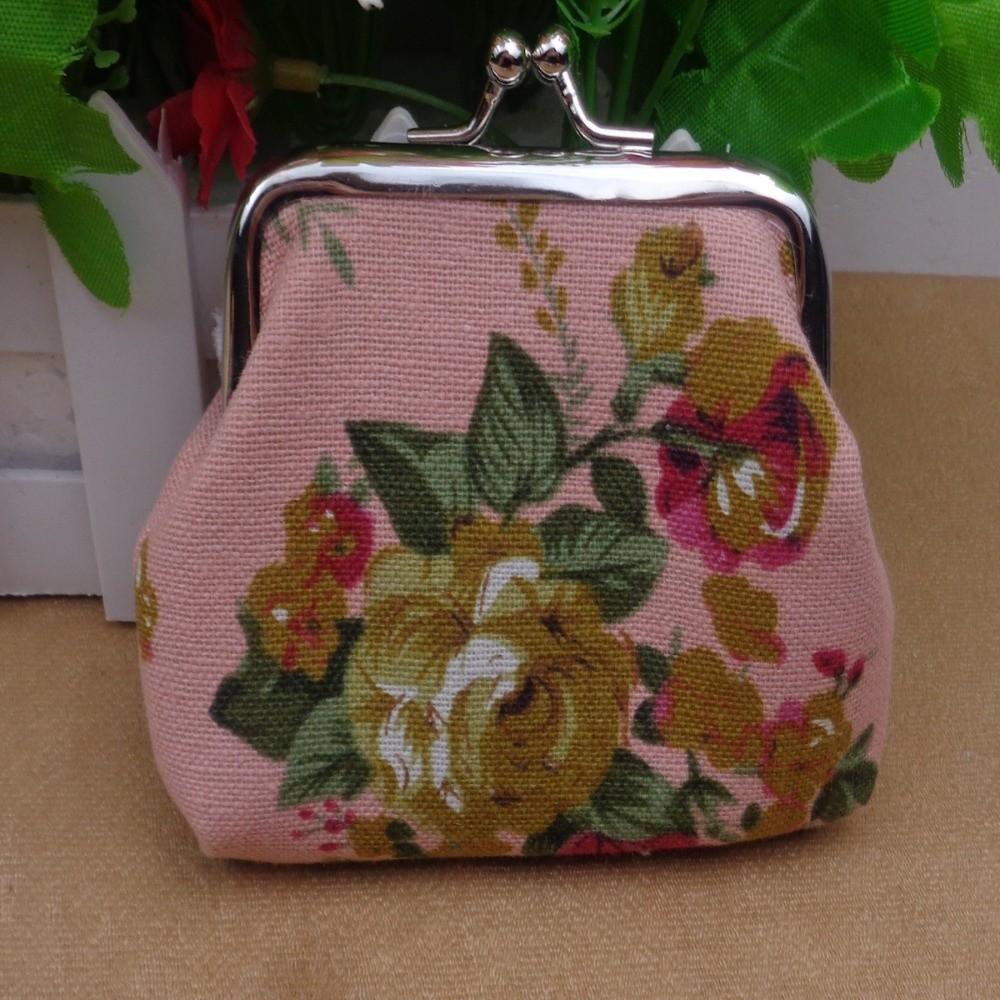 Fashion Mini Coin Purse Rose Floral Print Canvas Clutch Wallet Metal Hasp Makeup Bag for Women