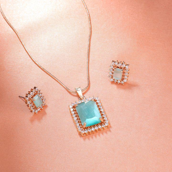 Estele Rose Gold Plated Mint Green Stones Square Designer Pendant For Women