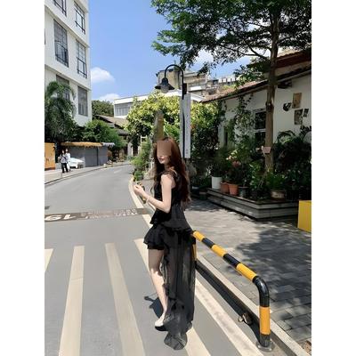 Red Rose White Suspender Dress Women's Seaside Vacation Atmosphere Irregular Trailing Dress