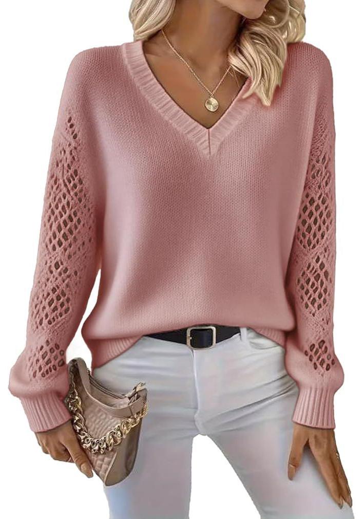 V-Neck Eyelet Print Sweater - Style HS-LY52