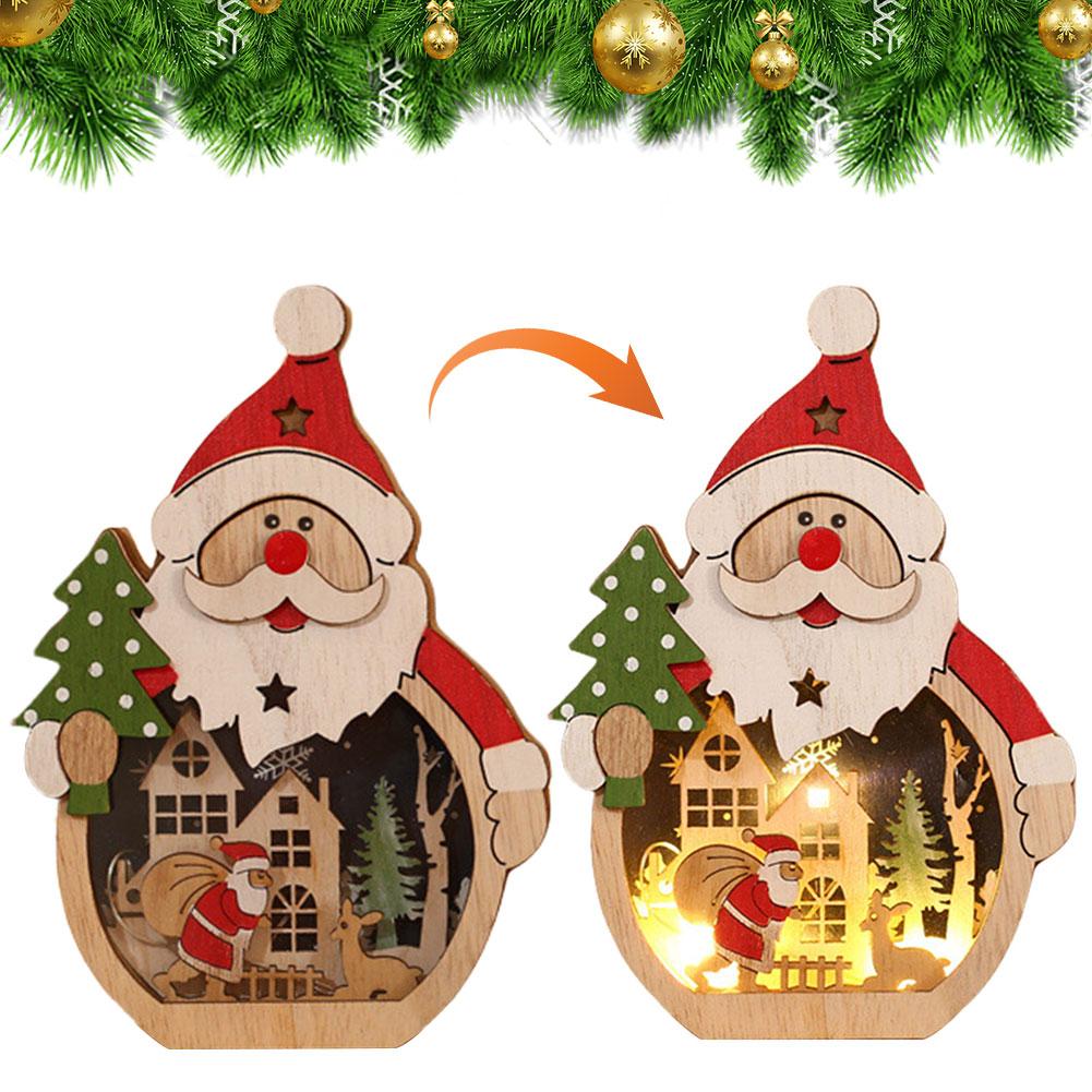 Wooden Christmas Ornaments with LED Lights Santa Claus Snowman Toys New Year Navidad Xmas Decorative Pedants Home Party Decor
