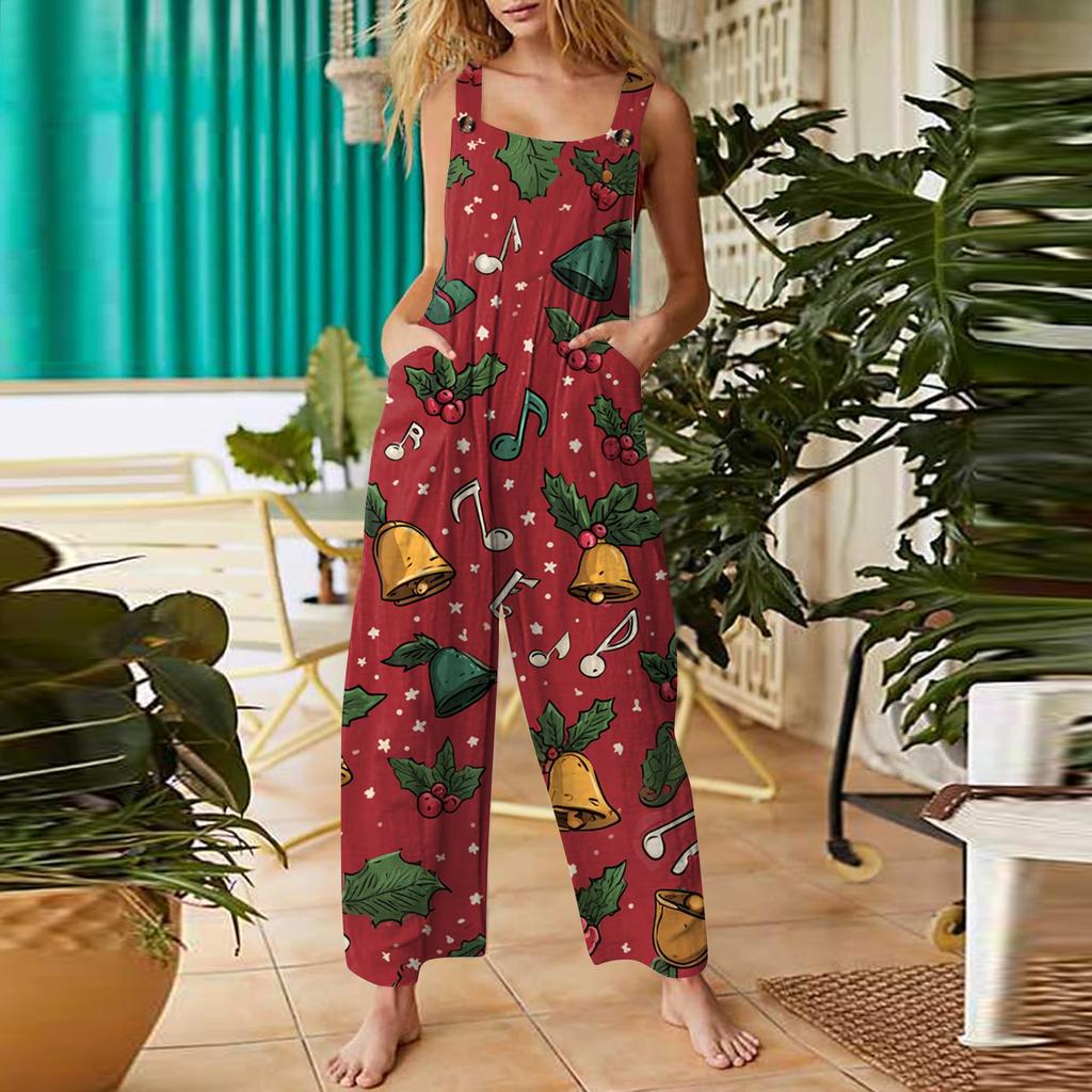 Women's Casual Jumpsuit Sleeveless Christmas Printed Cotton Jumpsuit