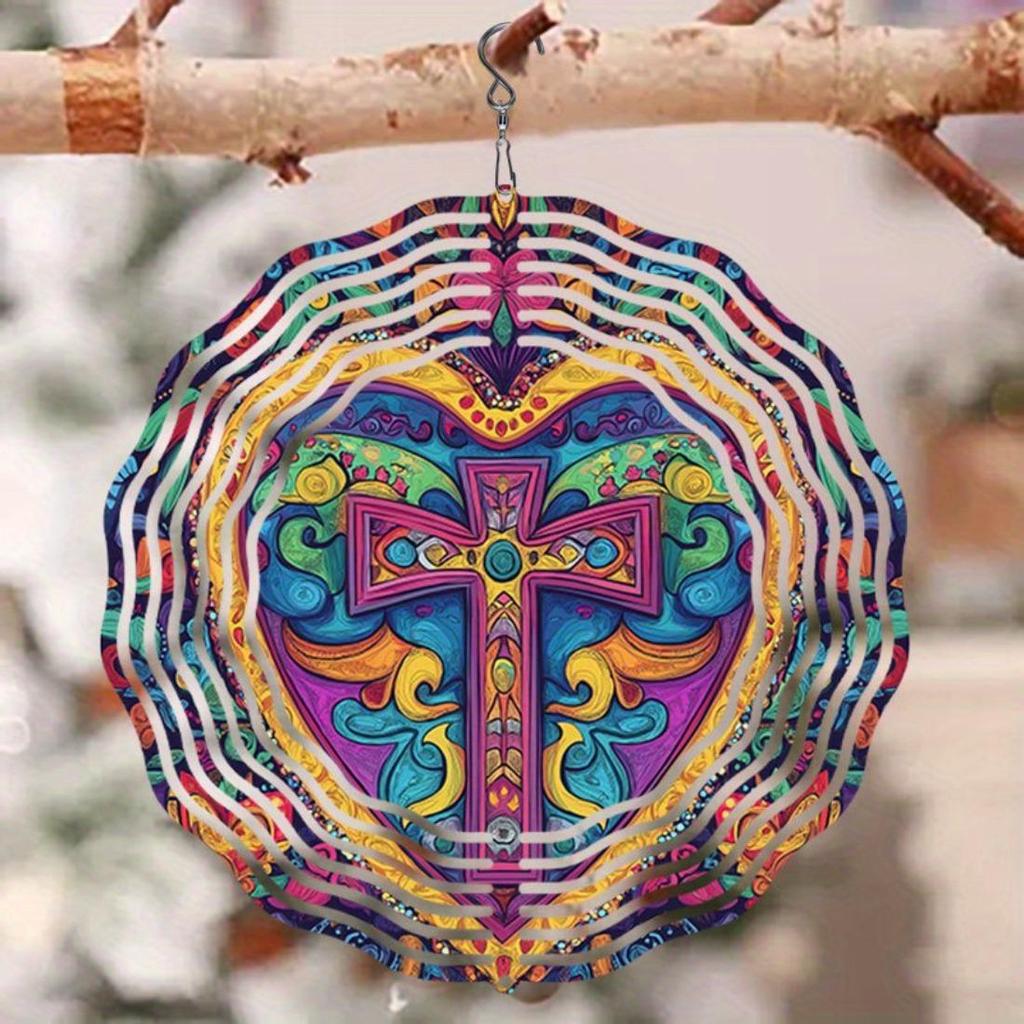 Vintage Medieval Cross Heart Wind Spinner - 2D Colorful Metal Hanging Decor for Indoor/Outdoor Gardens