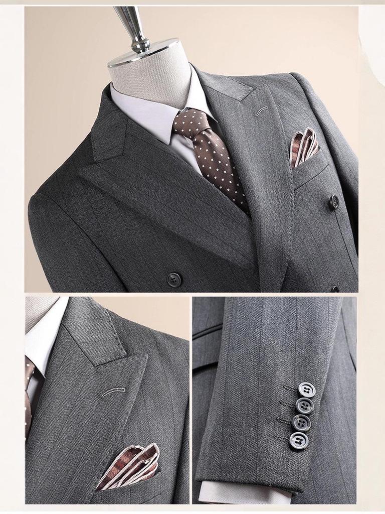 Men's High-End Pinstripe Wool Double-Breasted Three-Piece Suit: Anti-Wrinkle, Formal Groomwear
