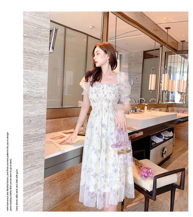 Elegant 2026 Summer Floral Chiffon Dress with Puff Sleeves and Slim Waist
