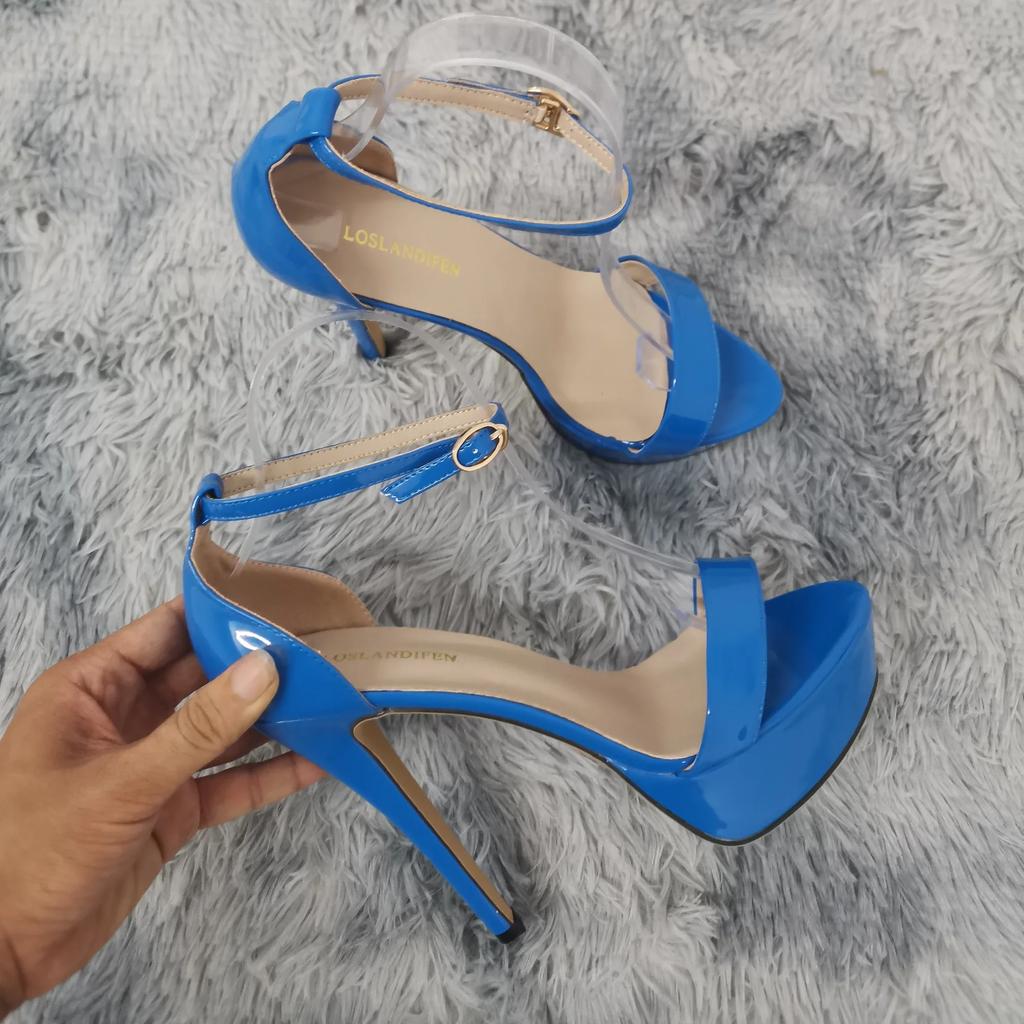 Women Sandals Summer Sexy Crystal Flash Open Toes 14cm Supper High Heels Patent Leather Nighclub Platform Party Wedding Shoes