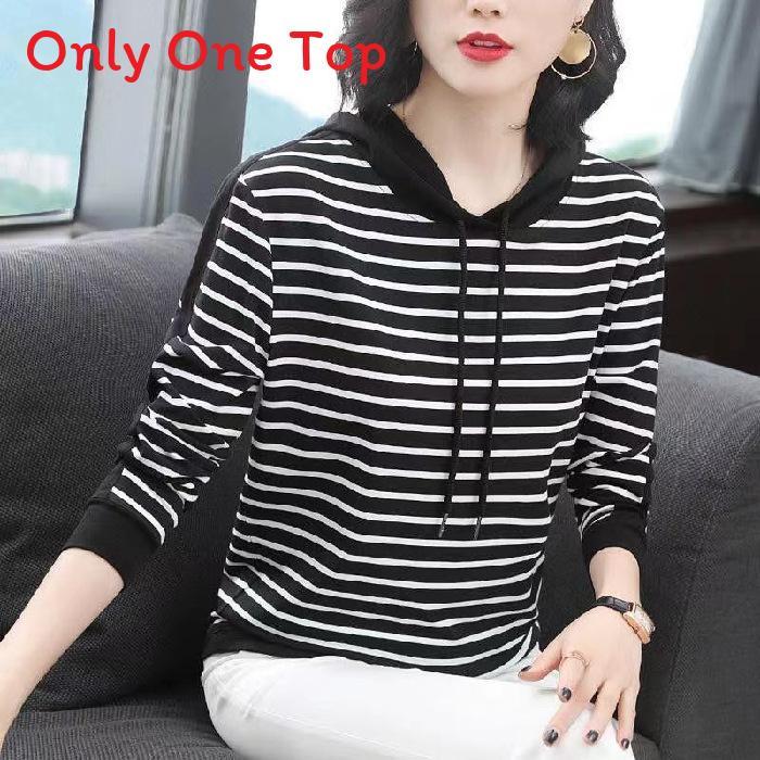 Mid Autumn Season Striped Hoodie T Shirt For Women With Patching And Loose Fit