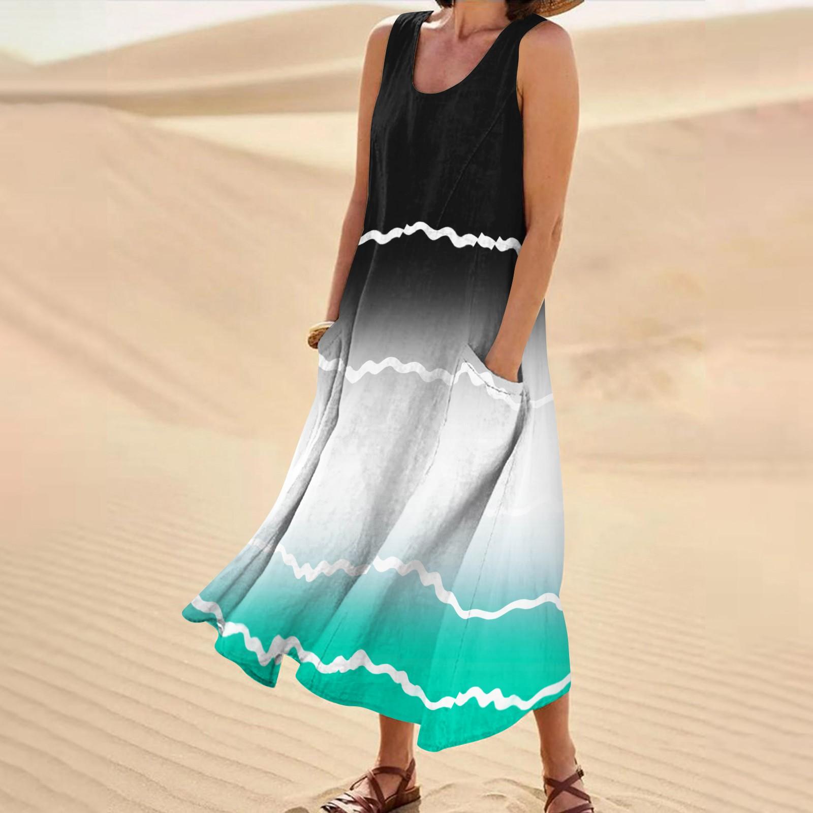 Женское летнее повседневное модное платье в полоску с принтом без рукавов и круглым — фото 9