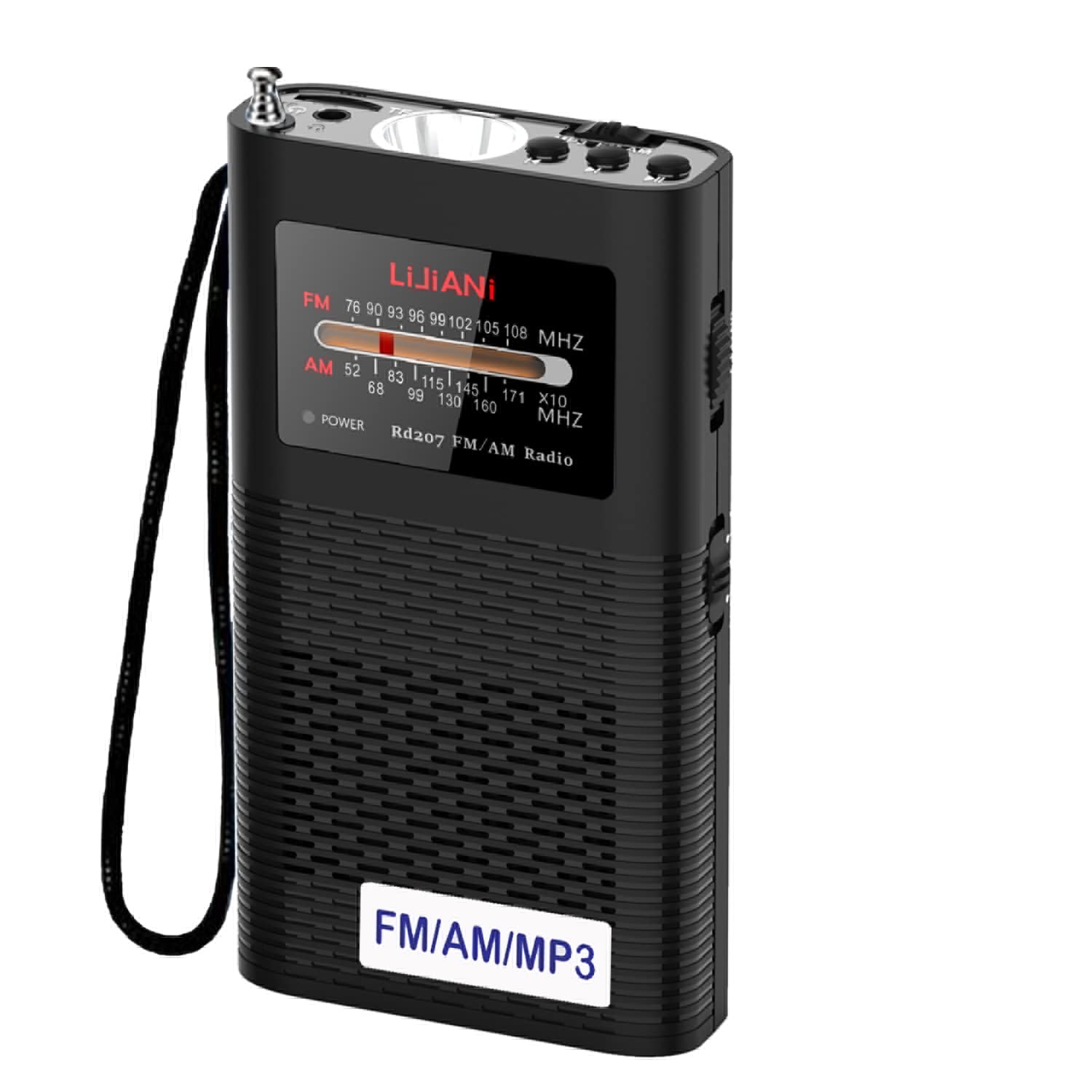 

portable radio with MP3 and rechargeable flashlight for emergency use Compact, FM/AM backlight, player, high-sensitivity reception, wide-angle FM, чорний