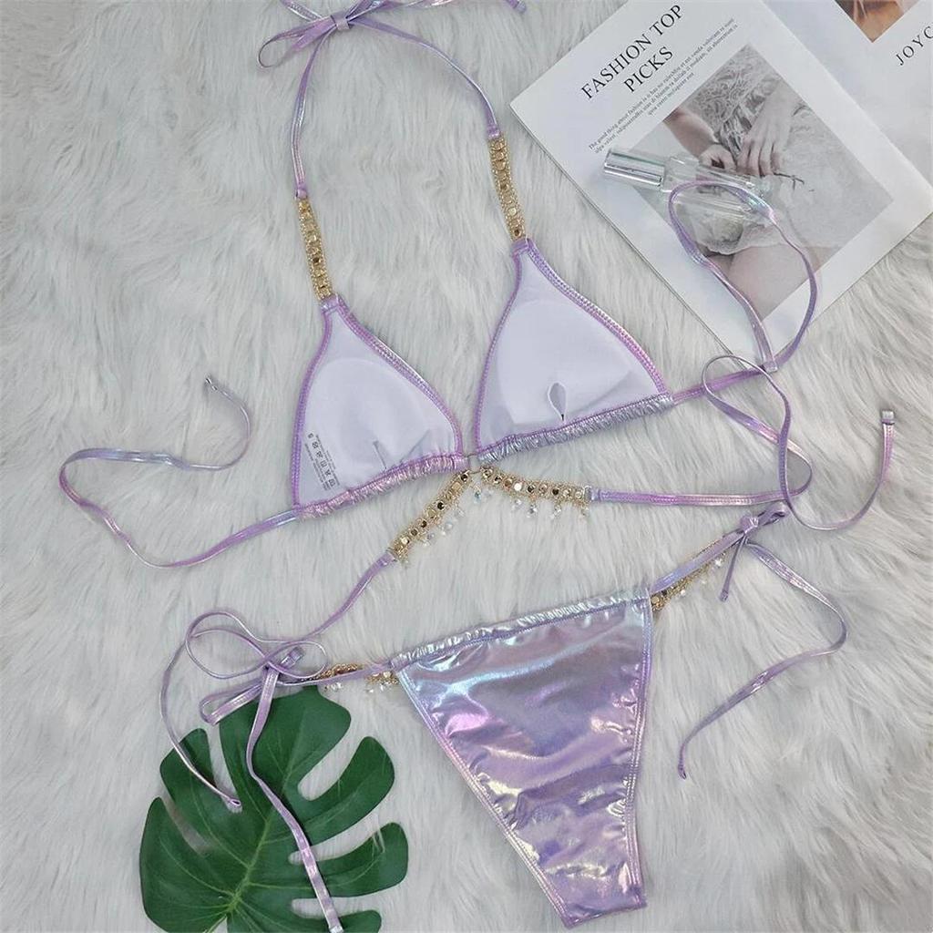 Diamond Rhinestones PU Faux Leather Bikini Female Swimsuit Women Swimwear Two-pieces Bikini Set Bather Bathing Suit Swim