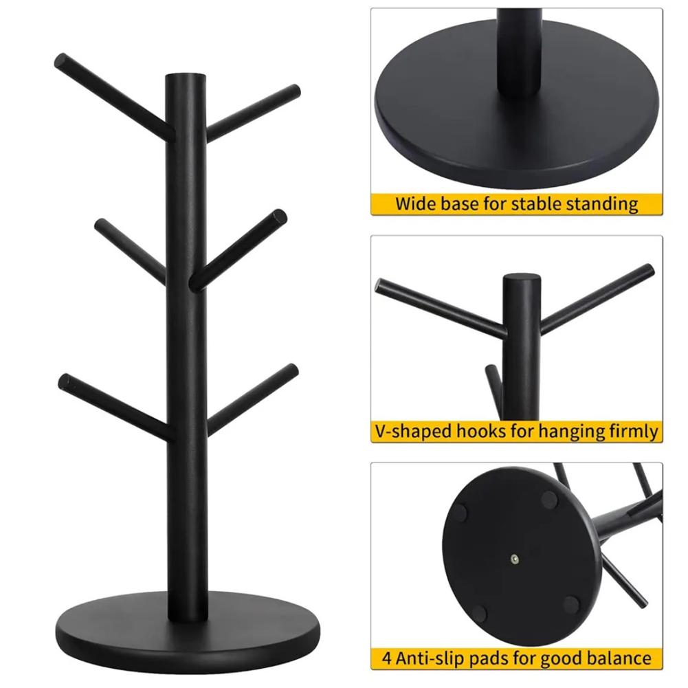Bamboo Mug Tree with Thick Base Bamboo Mug Tree Stand Space-Saving Cup Holder with 6 Hooks,Countertop Coffee Cup Mugs Stand Rack