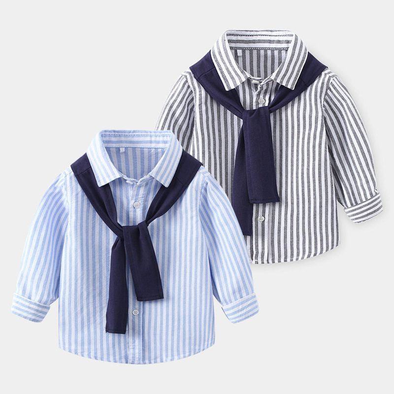 Spring and Autumn Casual Boys' Long-Sleeved Shirts Polo Shirts Kidsren's Striped Tops with Shawls Baby Boys' Collared Shirts