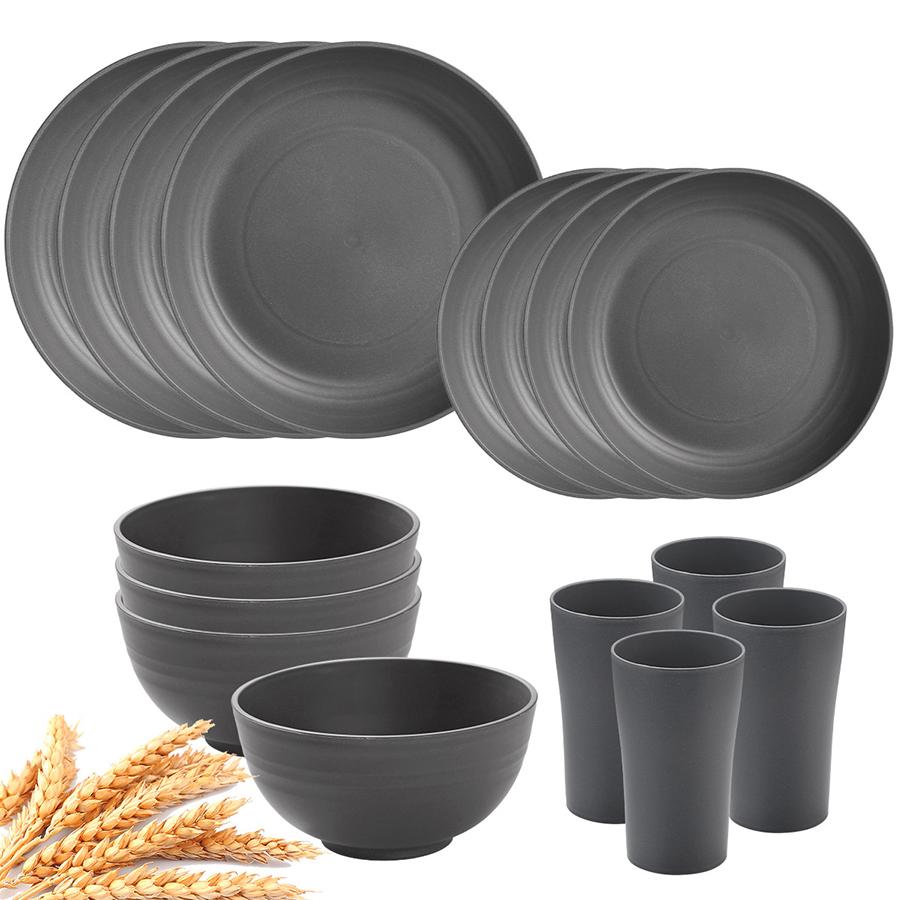 16 Pieces Dinnerware Set Unbreakable Plates Cups and Bowls Sets Dish Set for 4, Reusable Plastic Dish Set for Camping Travel