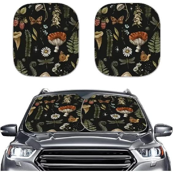 Mushroom Car Windshield Sunshade Daisy Flower Dragonfly Butterfly Mushroom Auto Front Sun Shades Foldable Sunlight Protection Visor Universal Vehicle