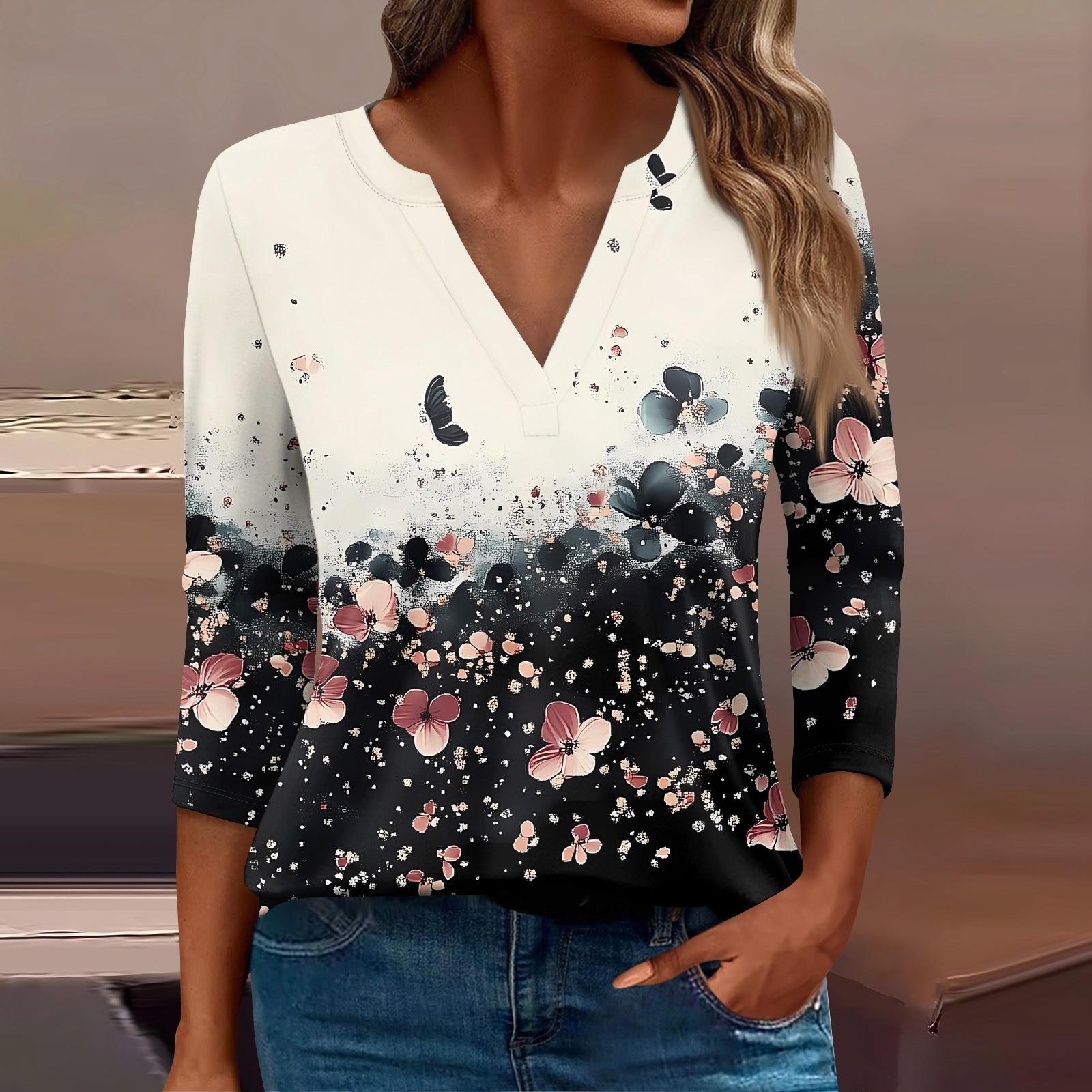 

Женская футболка Футболка с принтом Рукав 3/4 Повседневные Выходные Мода Базовый V-образный вырез Обычный топ L чёрный