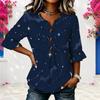 Womens Plus Size V Round Neck Mid Sleeve Front Button Trendy Casual Loose Everyday Ladies Blouse