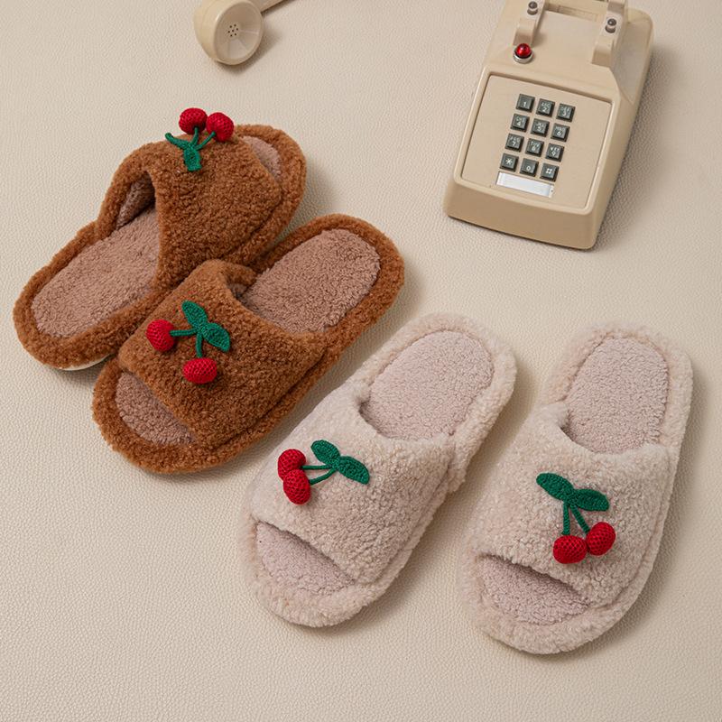 Cherry open cotton slippers ins warm fluffy slippers cherry contrasting plush slippers