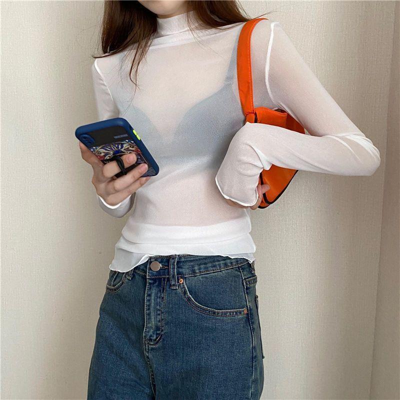 Plus-size Women’s High-neck Sun-protective Mesh Undershirt Sexy Sheer Long-sleeved T-shirt for Spring and Autumn