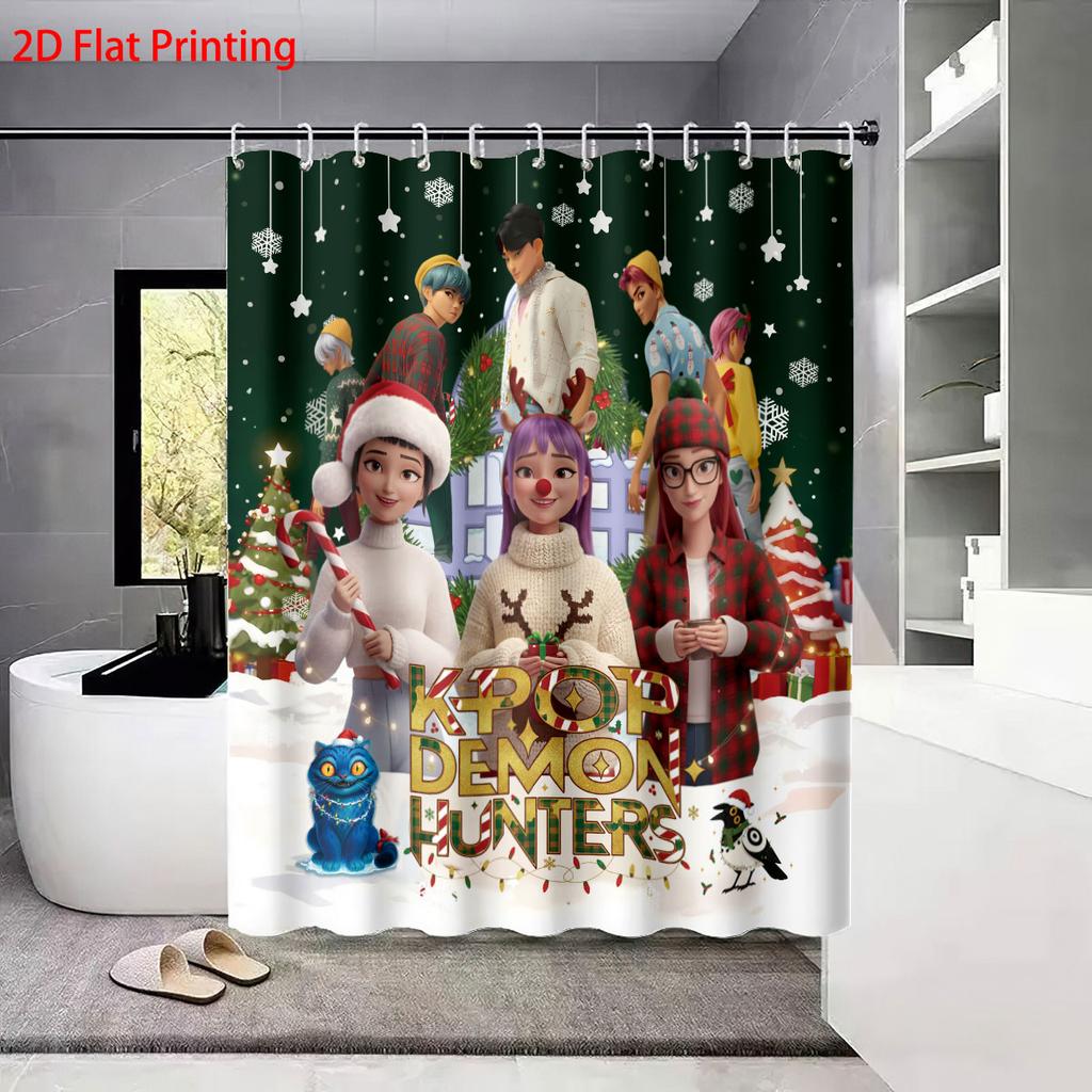 4Pcs Christmas K-Pop Demon Hunters Print Bathroom Set 180X180 Waterproof Shower Curtain Floor Mat, U-Shaped Mat, Toilet Seat Mat