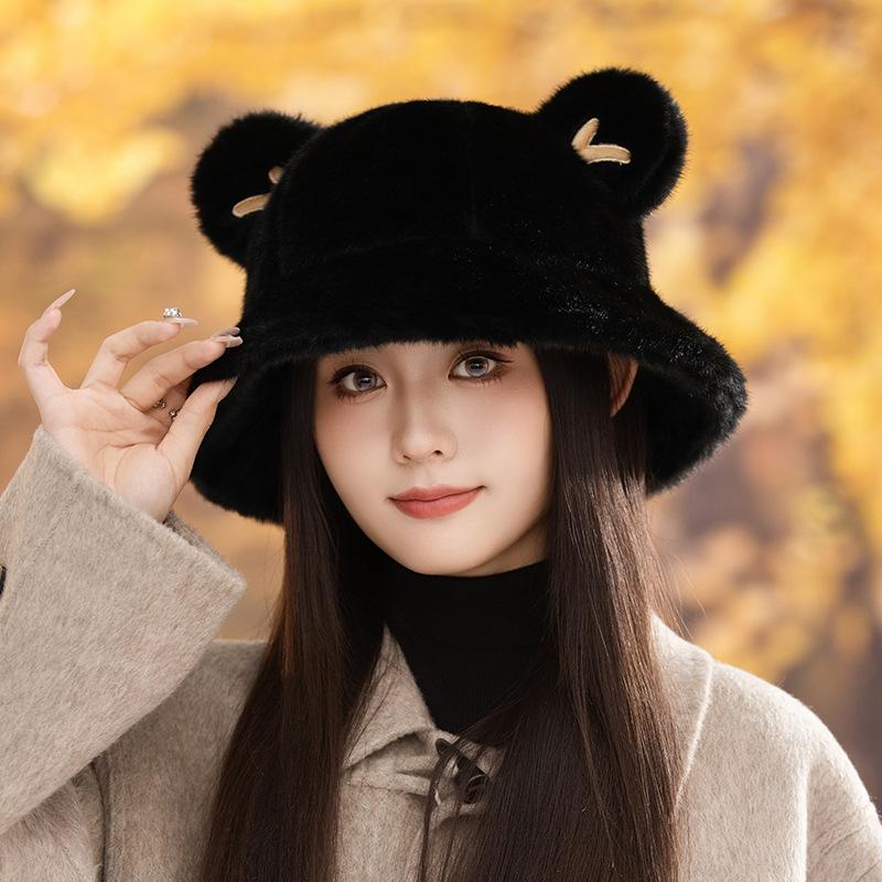 Autumn and winter hats women's thickened plush bucket hats show small faces bucket hats cute ears warm basin hats