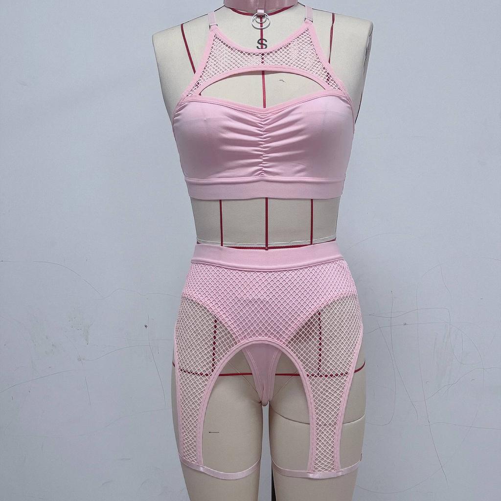 Women's Underwear Sexy Lace Mesh Patchwork Bra And Panty Lace Mesh Perspective Exotic Short Sets Backless Wrap Chest Charm K8OV