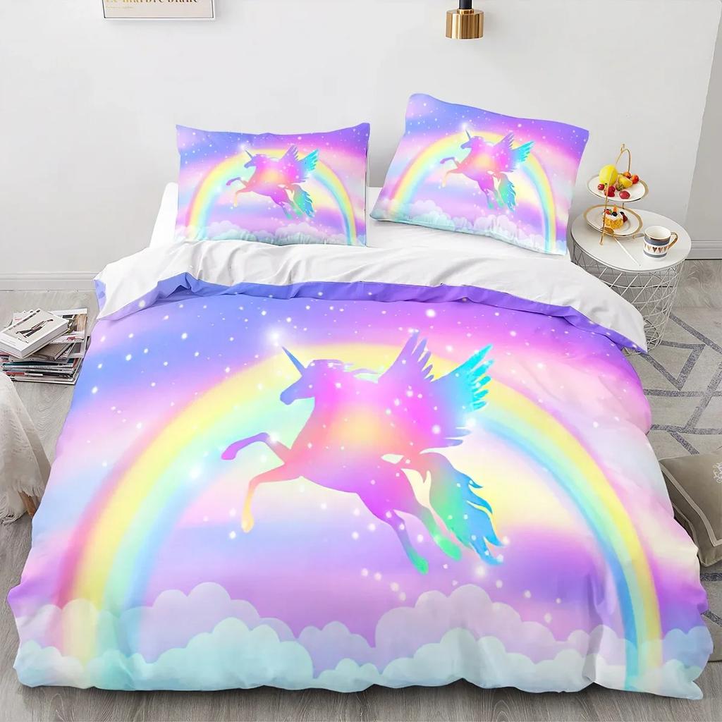 Cartoon Unicorn Duvet Cover King Queen Lovely White Mythical Animal Bedding Set Kids Girl Colorful Rainbow Polyester Quilt Cover Tool