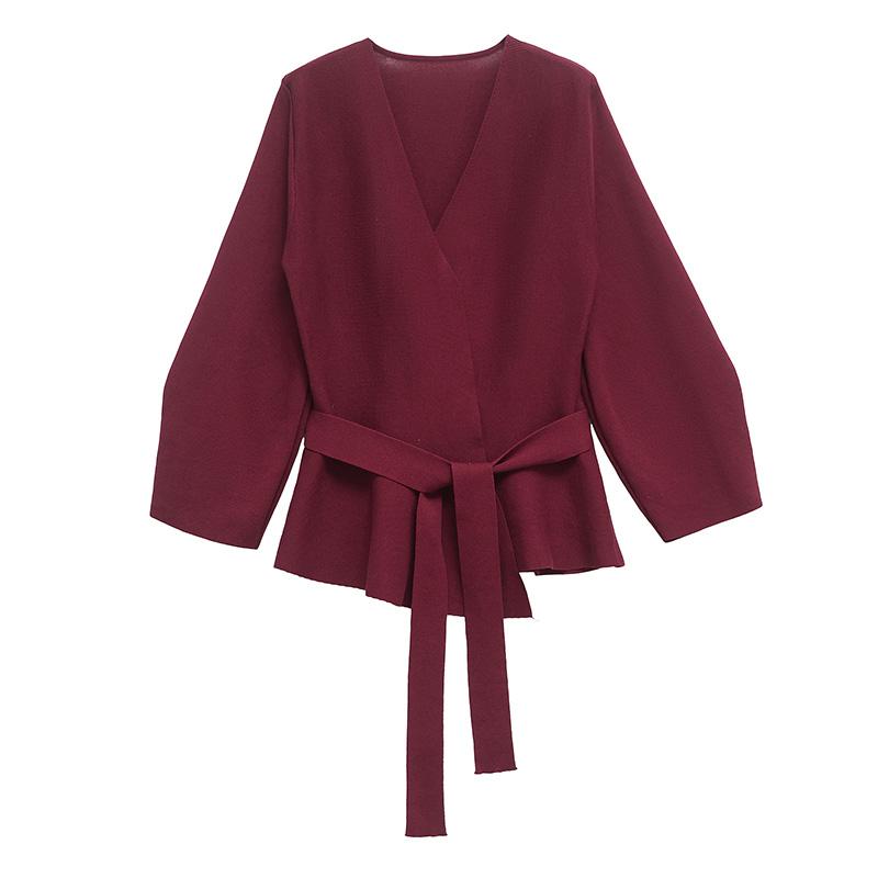 

Винтажный повседневный вязаный кардиган на шнуровке для женщин, однотонный свитер с V-образным вырезом и длинным рукавом, модная весенняя удобная куртка L вино красного