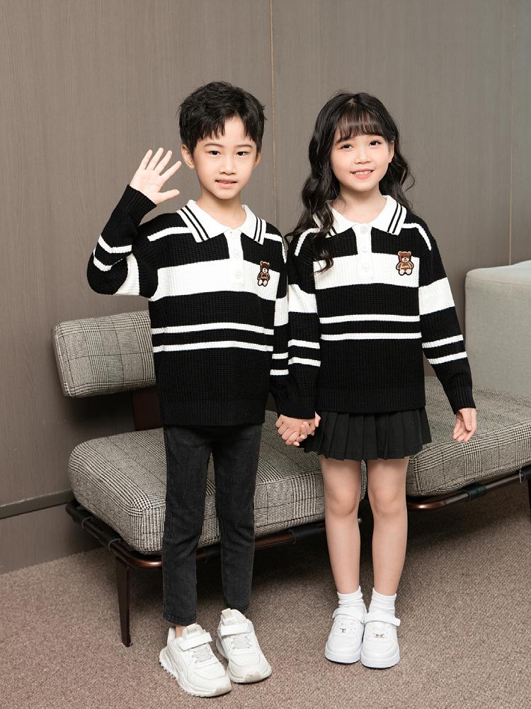 Autumn/Winter Parent-Child Black & White Striped Half-Zip Sweater - Stylish Mother-Daughter Match