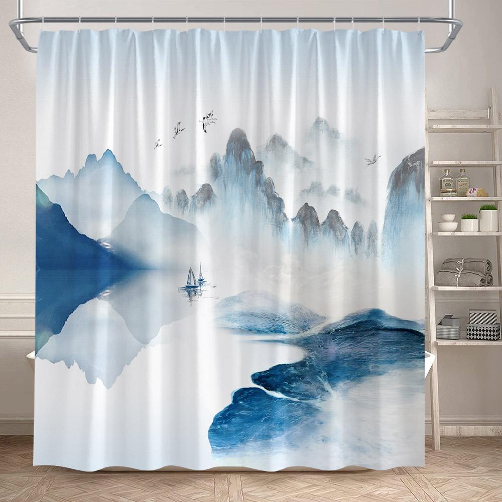 Ink Landscape Shower Curtain Black Bamboo Bird Abstract Mountain Water Chinese Style Bath Curtain Waterproof Home Bathroom Decor