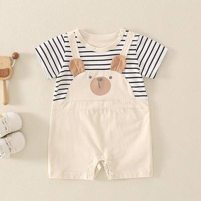 Summer Baby Boy Korean Style Striped Romper Suspender Bear Short Sleeve Thin Kawaii Cotton Newborn 0-2 Years Bodysuit