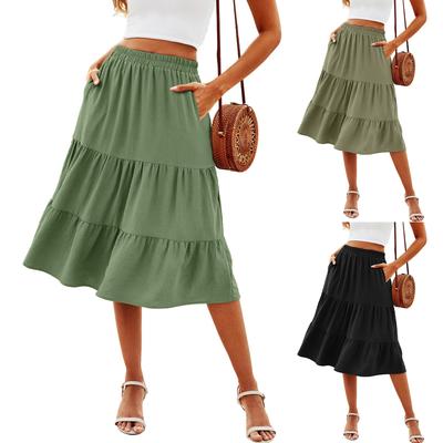 Damen Sommer Boho Fließender Midi-Rock Lässig Elastisch Hoher Bund Mehrlagige Lange Röcke mit Taschen