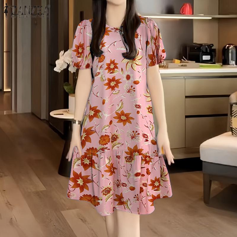 ZANZEA Women Casual Round Neck Summer Loose Short Sleeve Floral Dress