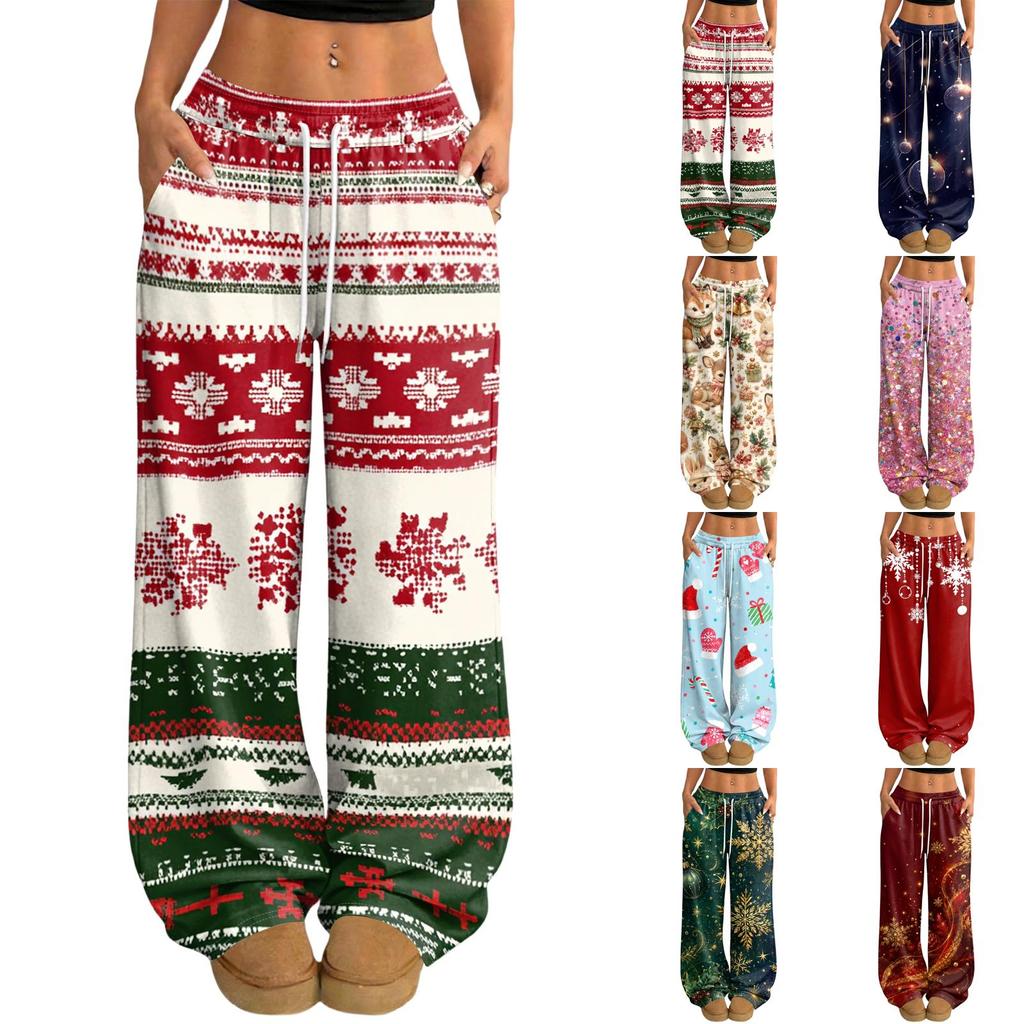 Women's Casual Christmas Print Loose Fit Straight Leg -Lined Pants with Elastic Waist for Winter
