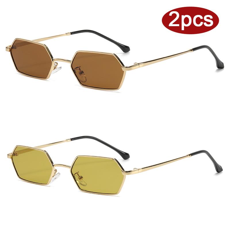 Protective Glasses 2pcs Fashion Small Rectangle Women Sunglasses Polygon Design Sun Glasses Colorful Lens Metal Frame Shades