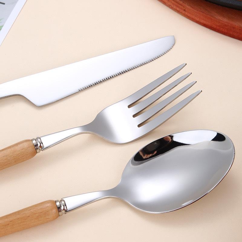 Wooden handle stainless steel knife and fork spoon Western food steak knife 304 stainless steel tableware spoon Fruit dessert fork